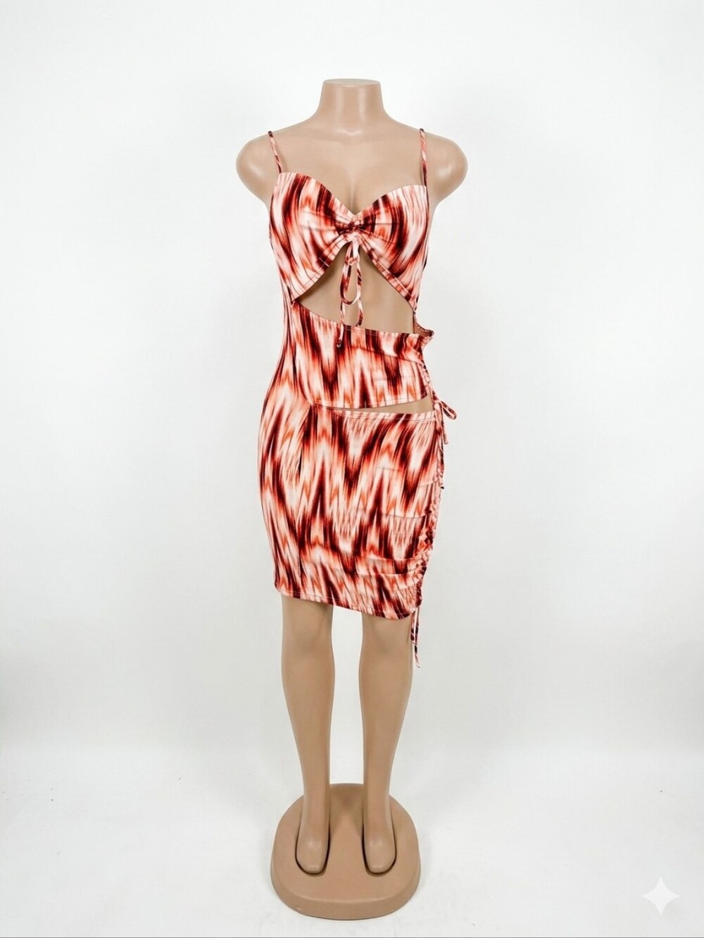 Tie-Front Pink and Brown Patterned Midi Skirt Set